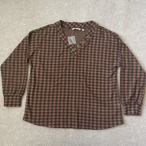Soft Surroundings Shirt Womens XL Brown Checked Knit Sweatshirt Comfort NEW